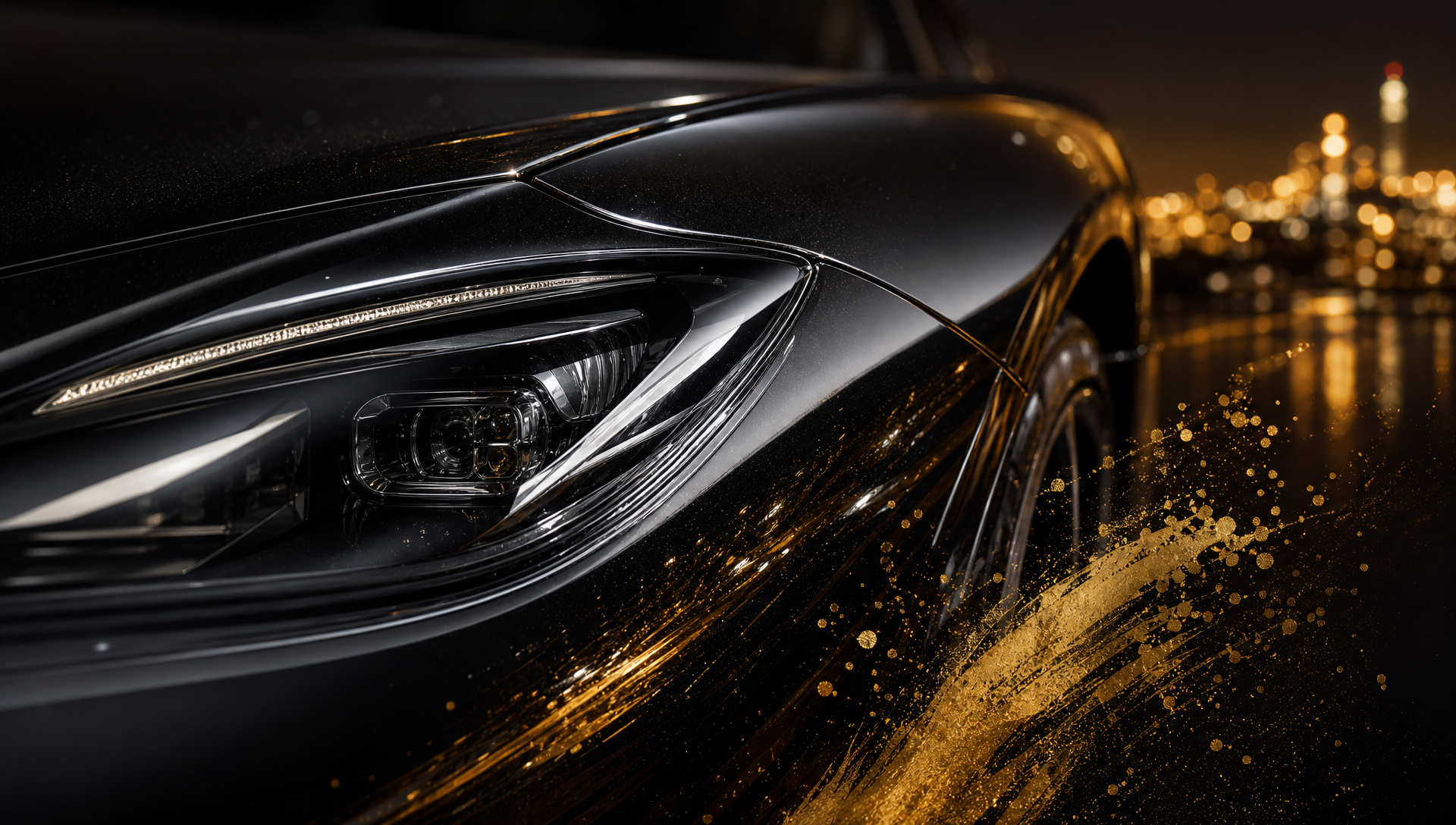 Extreme close-up of a glossy black supercar headlight, bonnet edge and front-fender contour with an almost invisible transparent PPF edge wrapping the panel, Johannesburg night lig