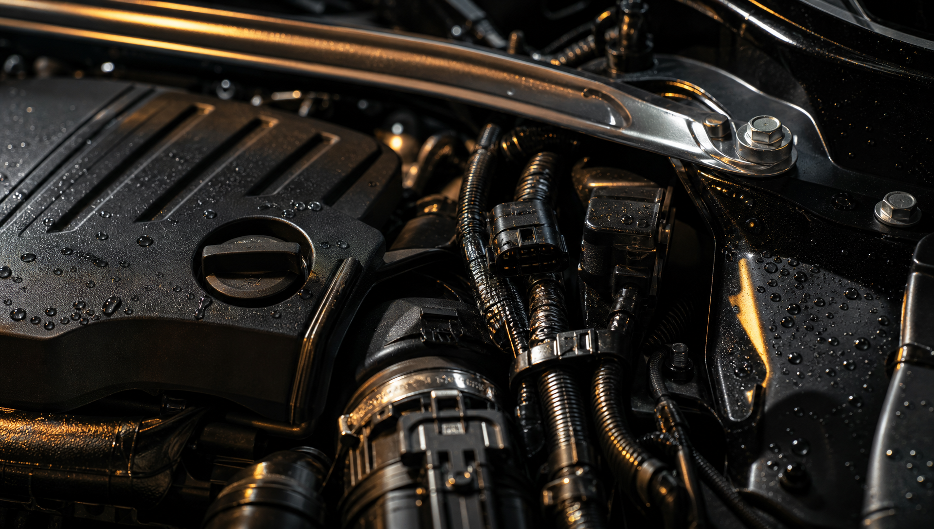 Detailed engine components under controlled warm-gold lighting