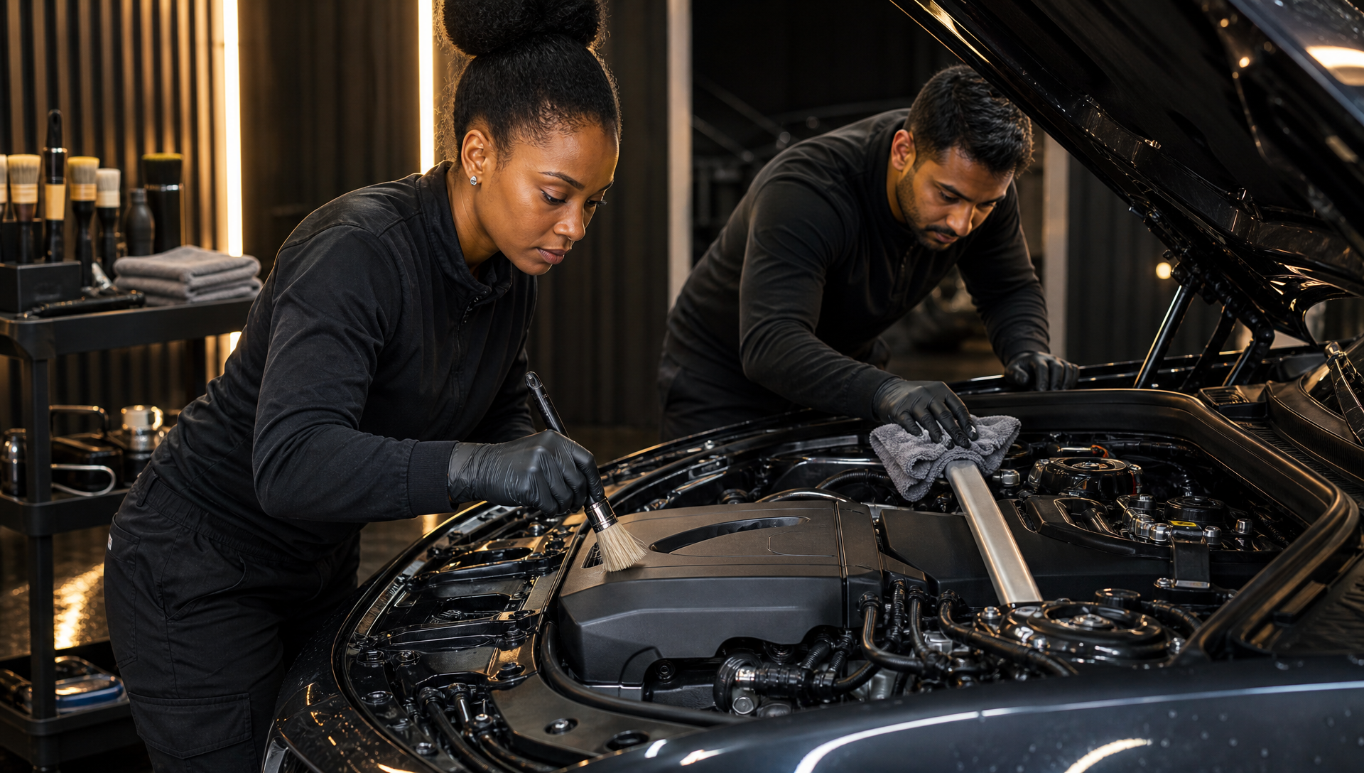South African detailing specialists carefully cleaning a performance-car engine bay