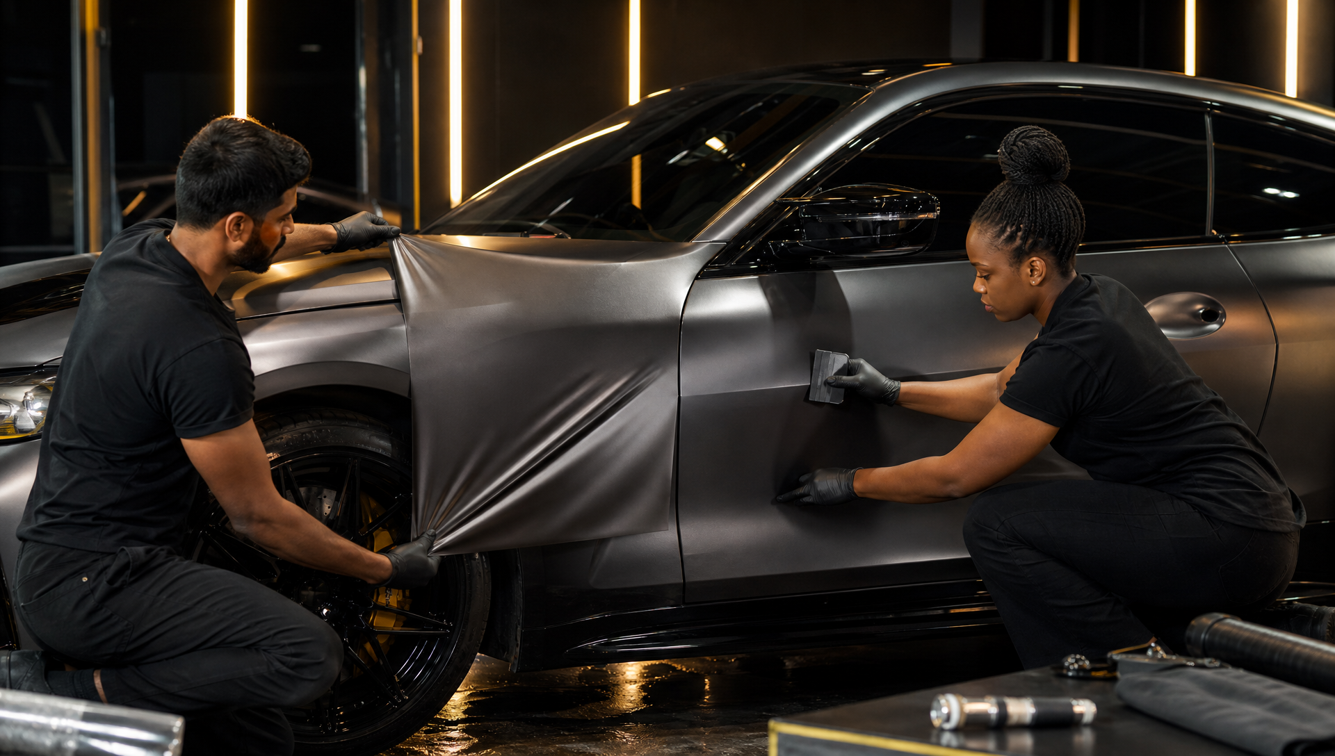 South African customisation specialists applying satin vinyl wrap to a luxury coupe