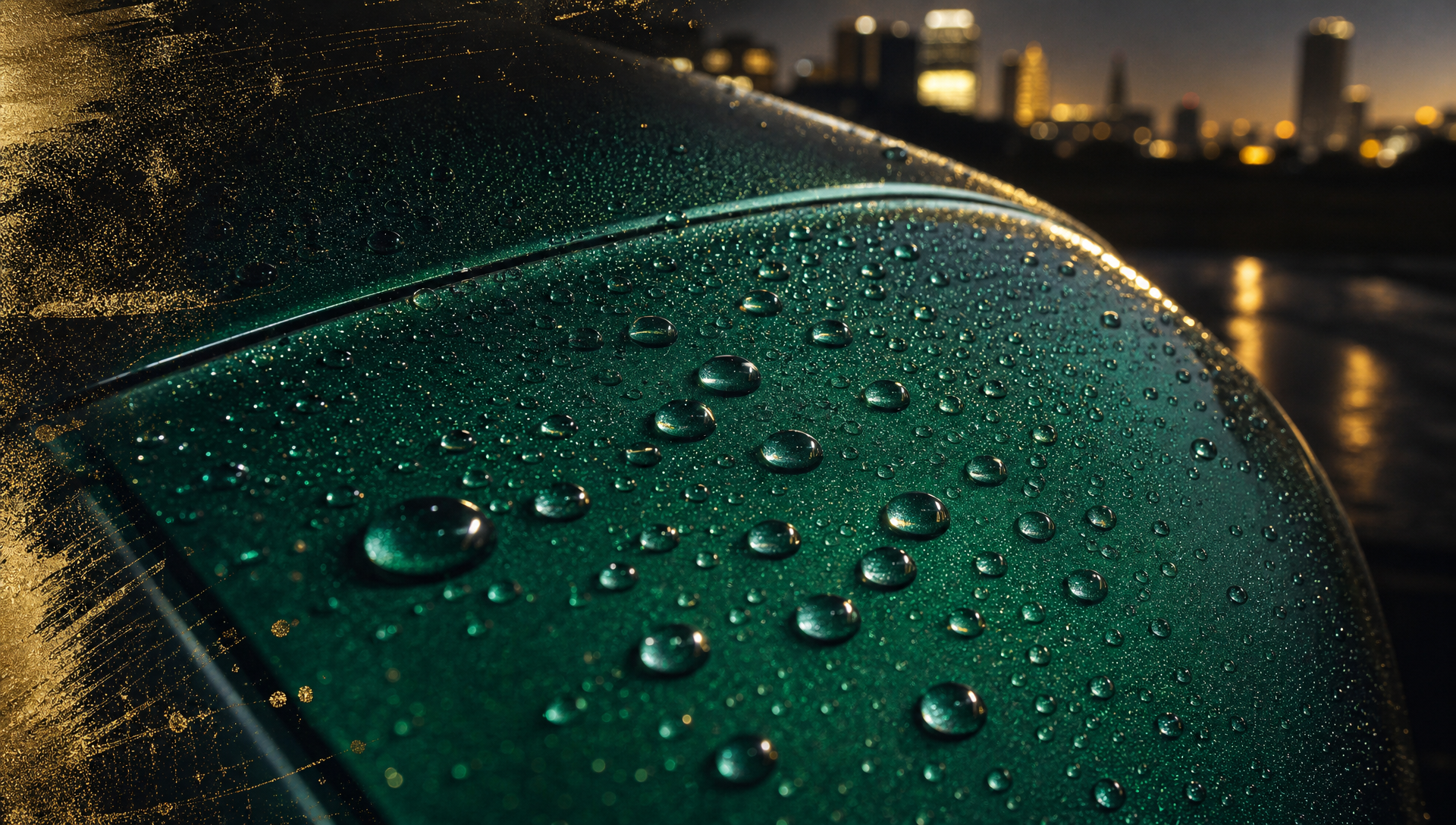 Deep emerald paint with natural ceramic-coating water beads and warm-gold reflections