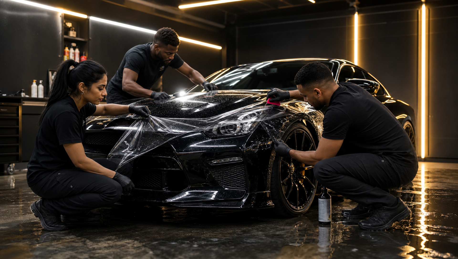 Three stylish South African detailing specialists actively applying clear PPF to the bonnet, fender and headlight area of a glossy black performance coupe; one Indian woman, one Bl