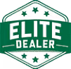 Green shield emblem with the text 'Elite Dealer' and stars above and below the text.