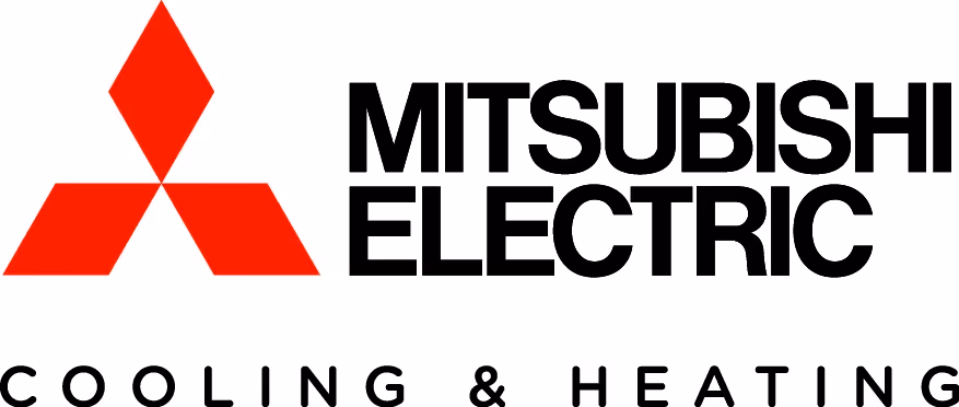 Mitsubishi Electric logo with red three-diamond symbol and text ‘Mitsubishi Electric’ above ‘Cooling & Heating’.