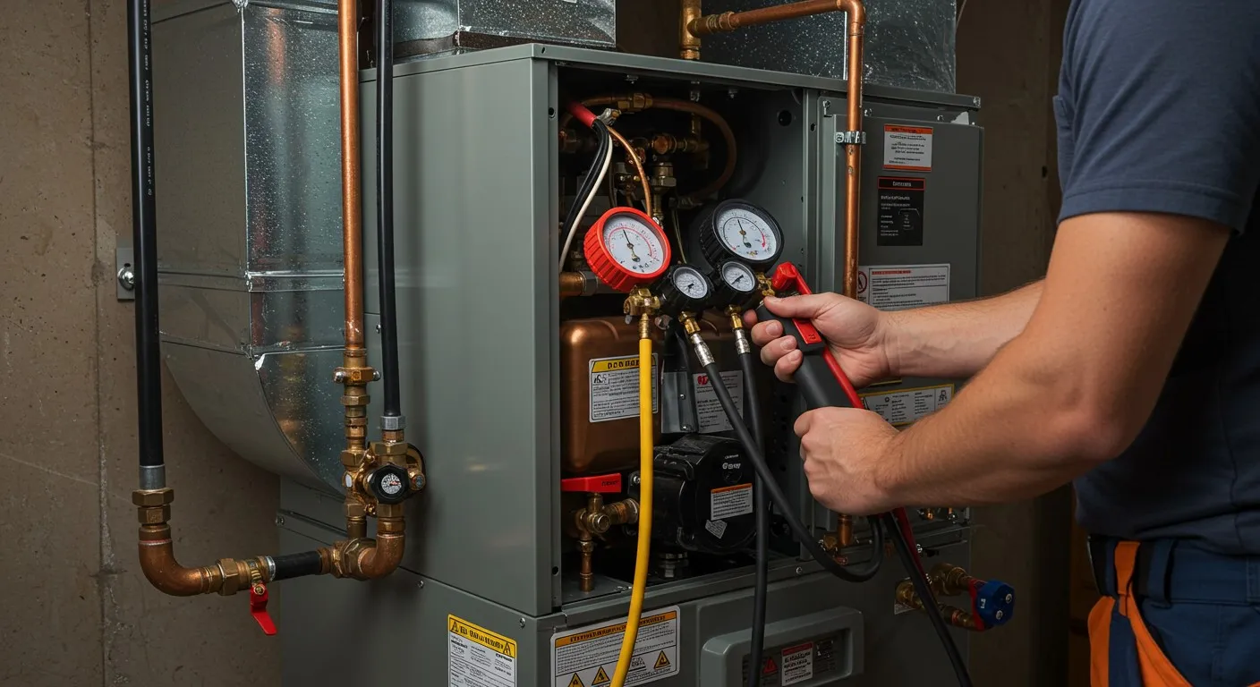 Technician adjusting pressure gauges on the interior of an HVAC system with copper piping.