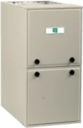 Beige gas furnace unit with control panel and two black knobs on front.