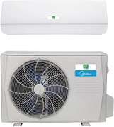 White wall-mounted indoor air conditioning unit above a grey outdoor condenser unit with a large fan.