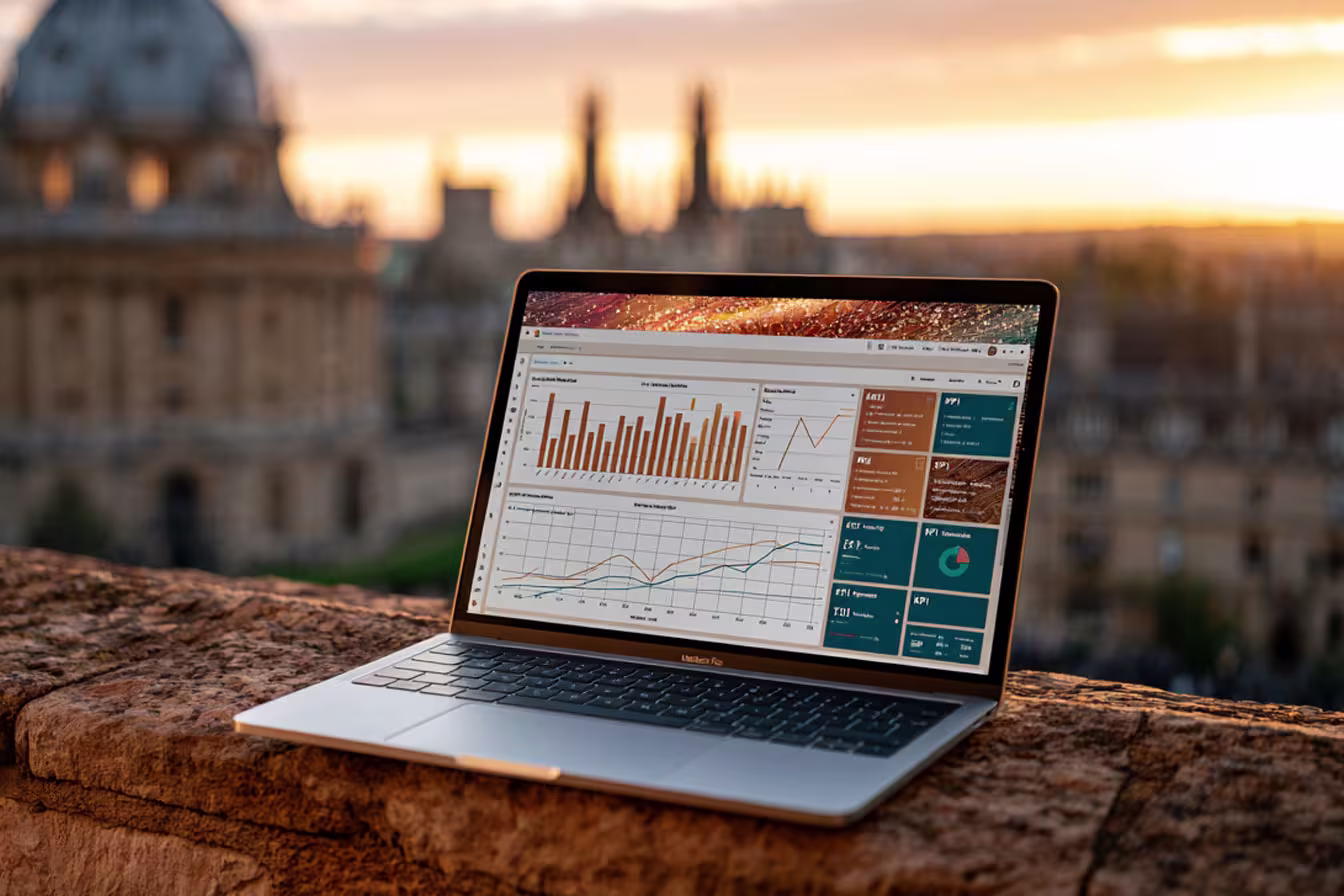 Power BI dashboard on a laptop with Oxford in the background