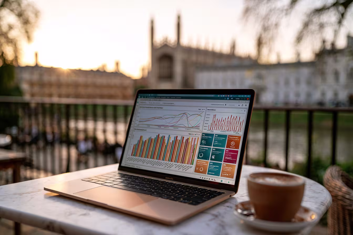Power BI dashboard on a laptop with Cambridge in the background