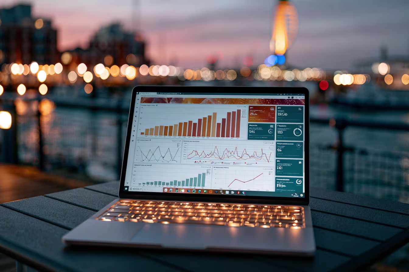 Power BI dashboard on a laptop with Portsmouth in the background