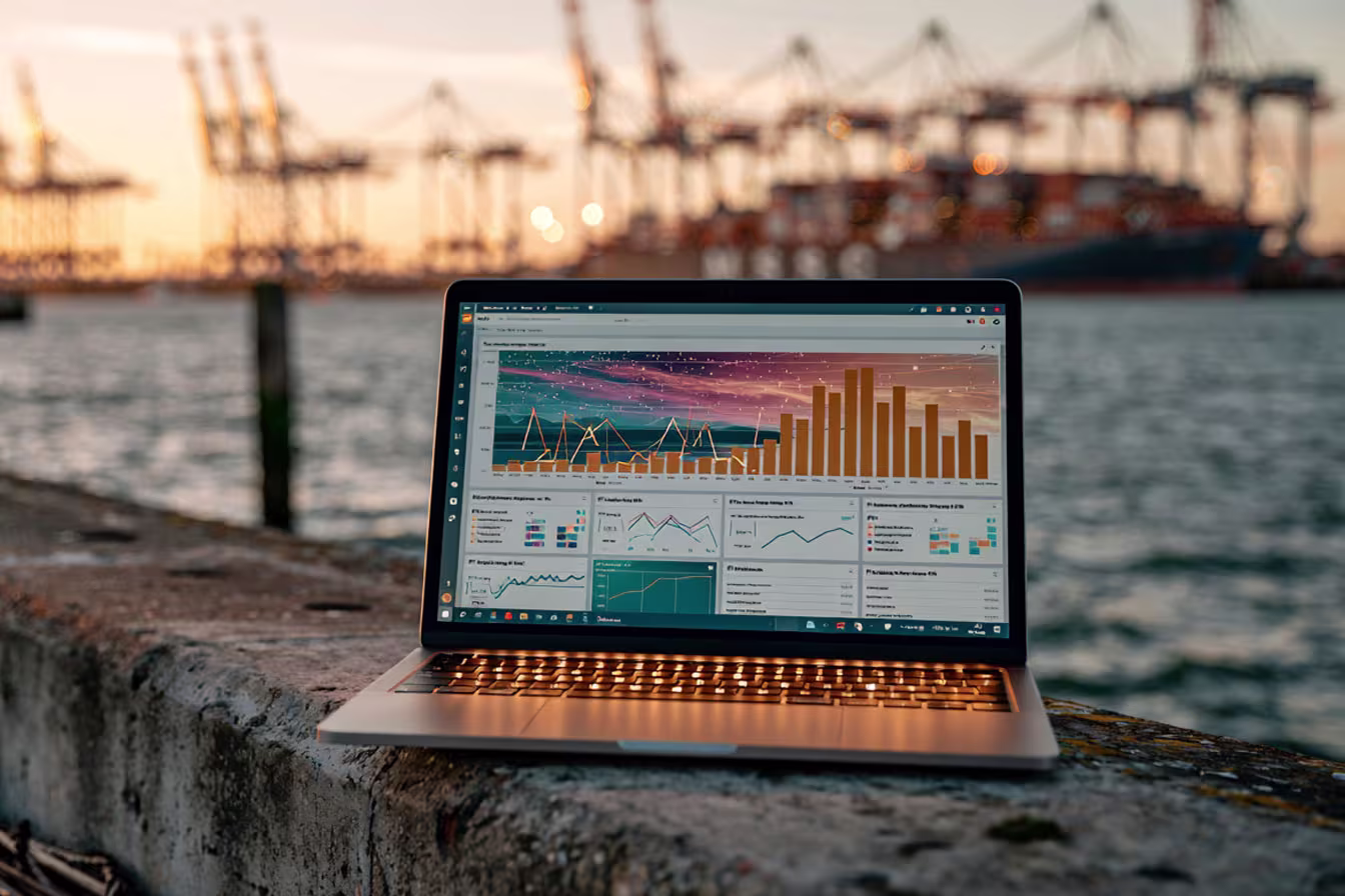 Power BI dashboard on a laptop with Southampton in the background