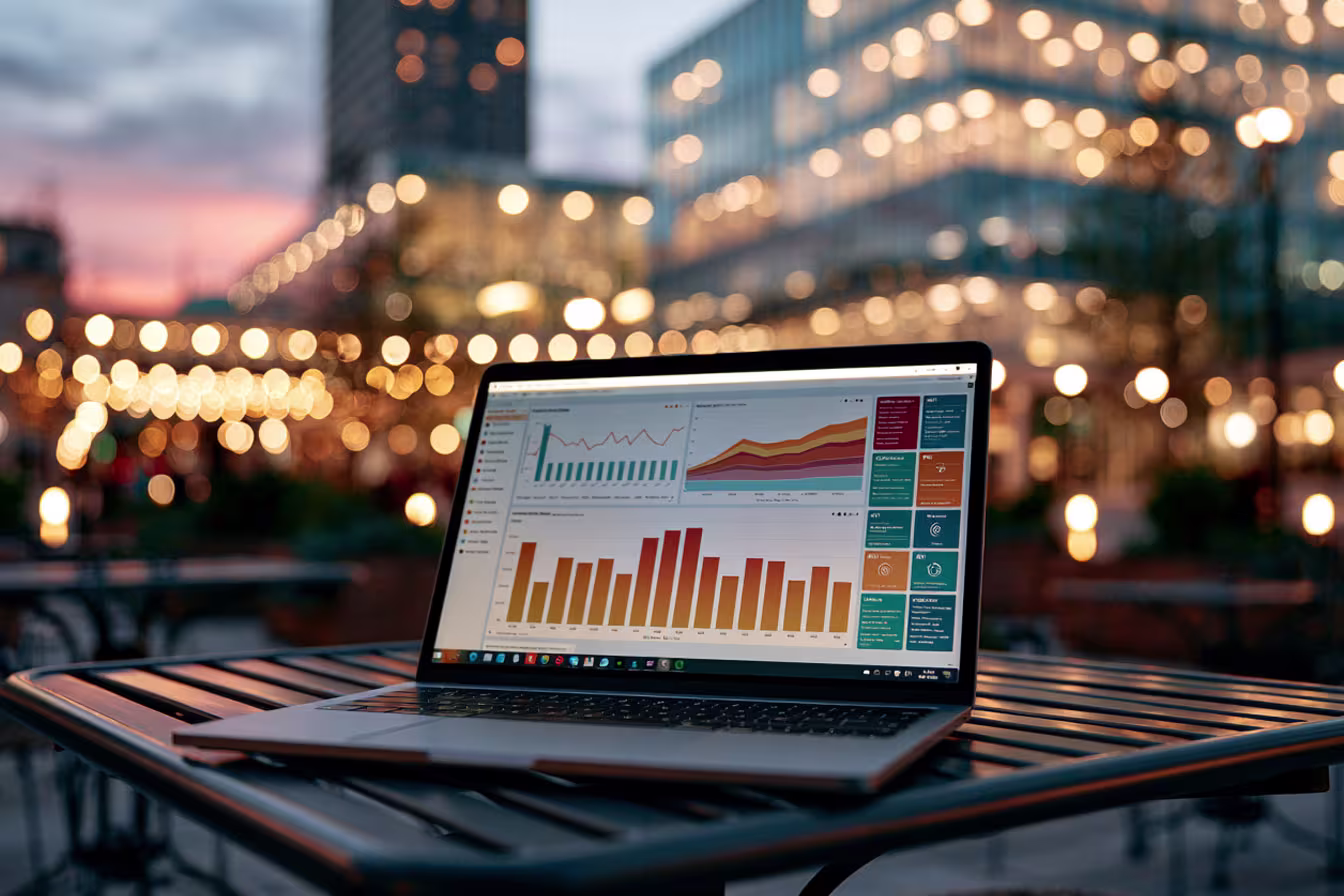 Power BI dashboard on a laptop with Milton Keynes in the background
