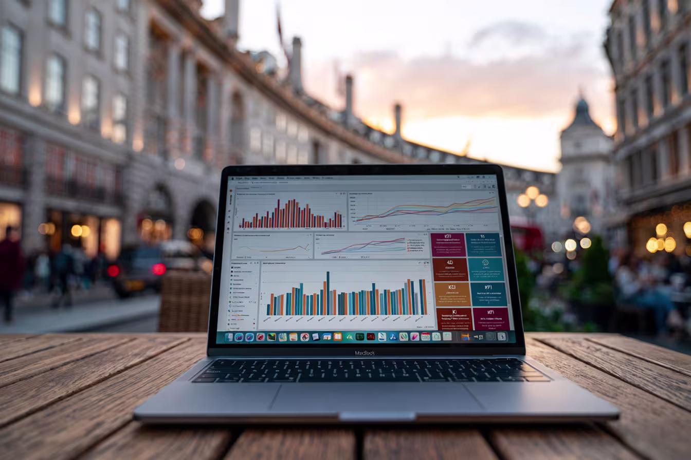 Power BI dashboard on a laptop with London in the background