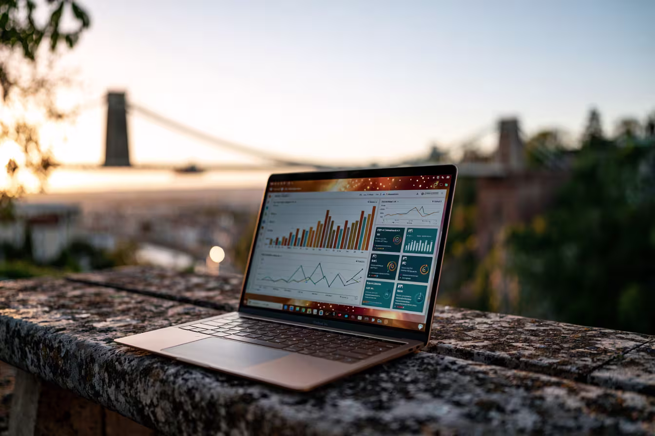 Power BI dashboard on a laptop with Bristol in the background