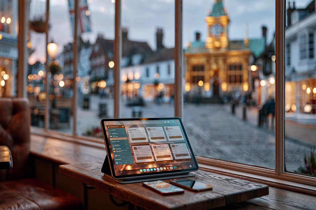 Power Apps application on a laptop with Guildford in the background