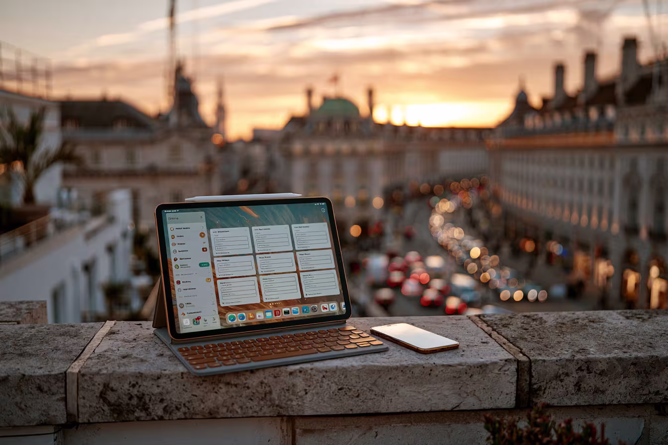 Power Apps application on a laptop with London in the background