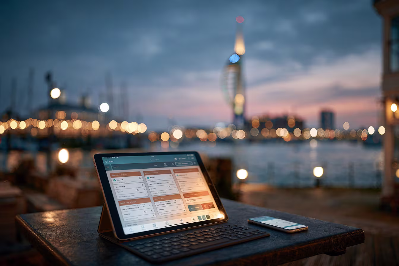 Power Apps application on a laptop with Portsmouth in the background