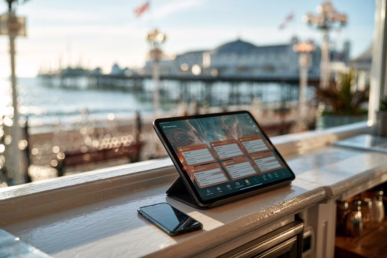 Power Apps application on a laptop with Brighton in the background