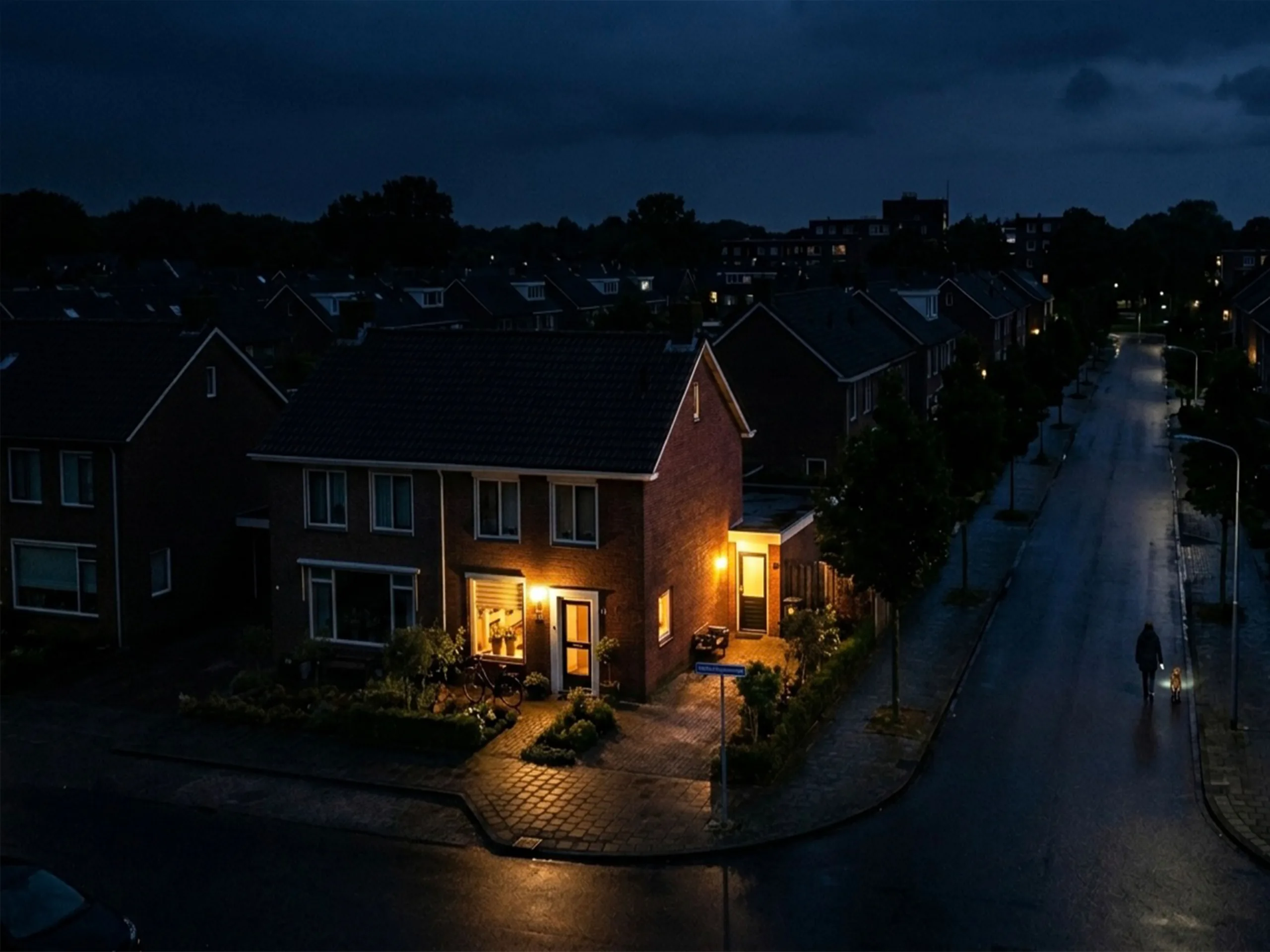 Verlichte hoekwoning in rustige woonstraat bij nacht met persoon die hond uitlaat.