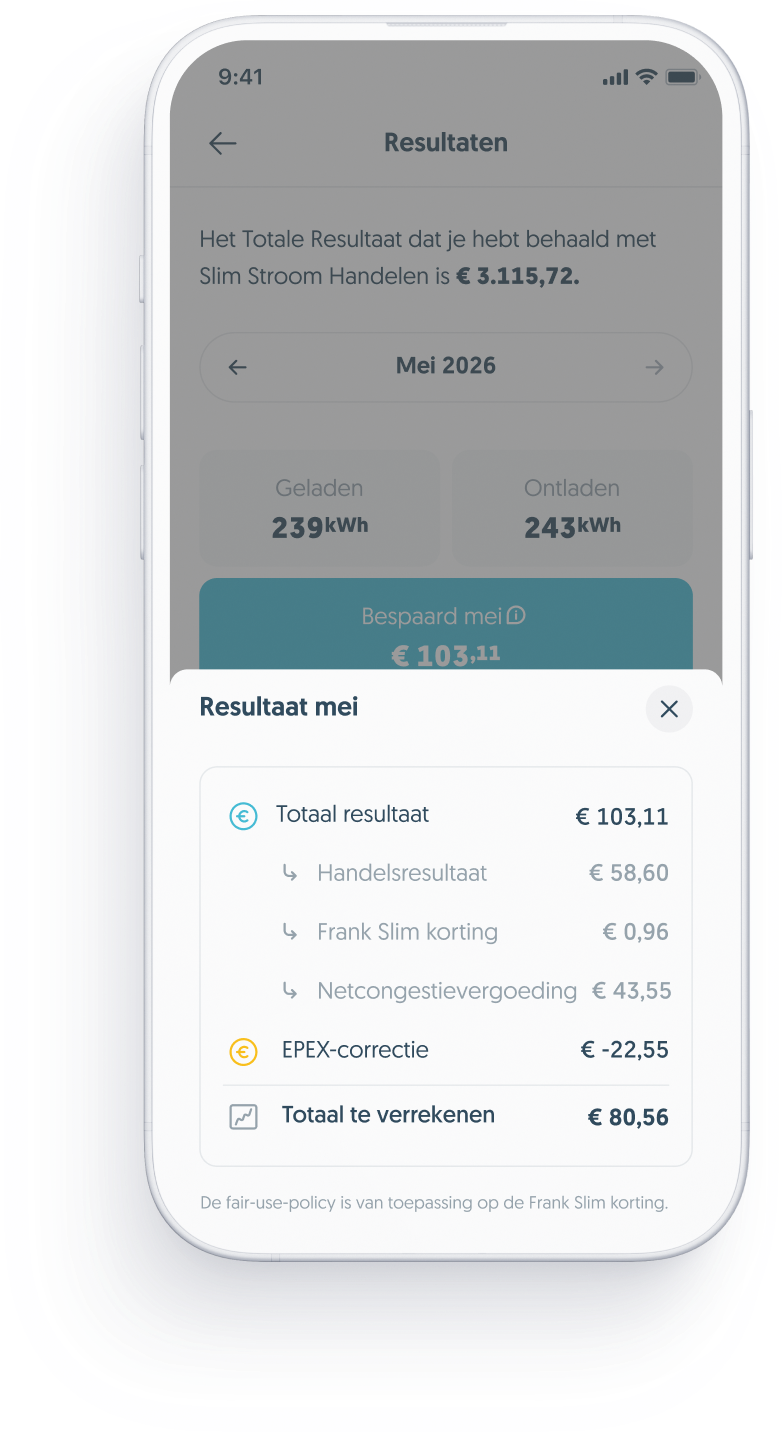 Frank app met de netcongestievergoeding als aparte regel