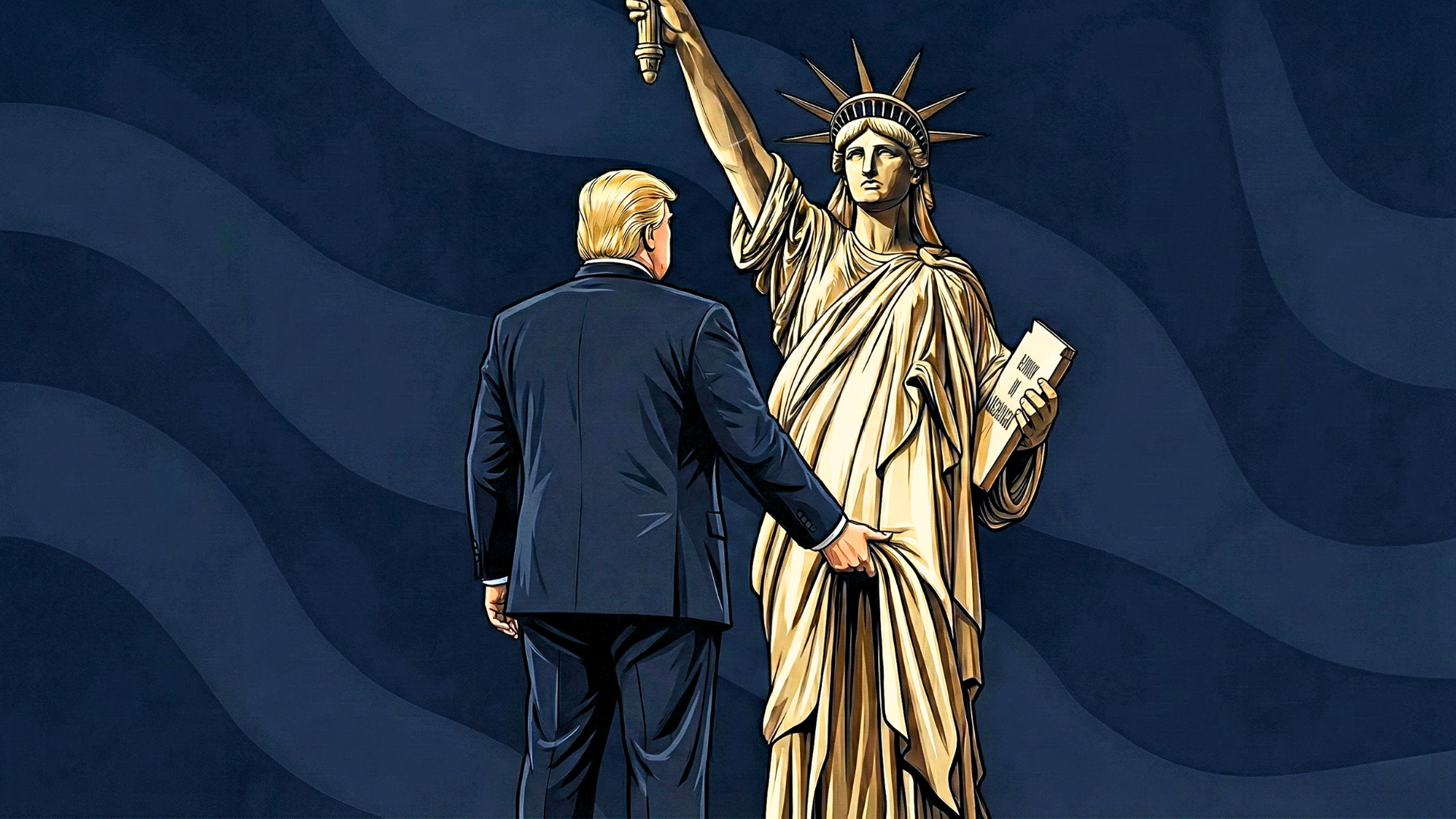 Donald Trump Protecting Lady Liberty’s Genitalia By Shielding It With His Right Hand