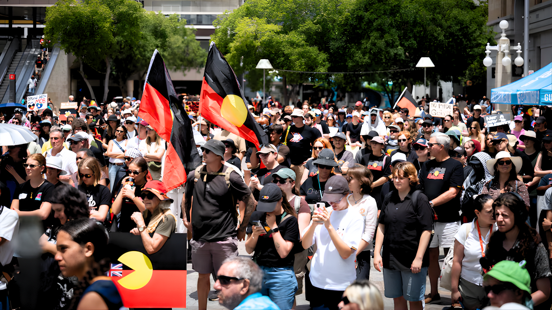 A crowded square in the heart of Perth’s main shopping mall, where a 31-year-old man threw a homemade explosive device during an Invasion Day rally