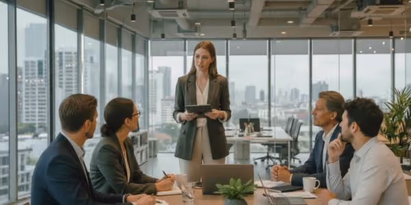 Réunion professionnelle dans un bureau vitré avec une femme présentant un projet sur tablette.