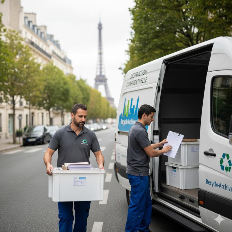 Deux agents spécialisés transportant des boîtes d’archives pour une opération de destruction confidentielle à Paris.