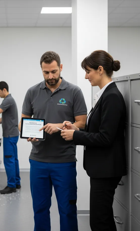 Un employé de recycle archives présentant des documents sur sa tablette à une cliente
