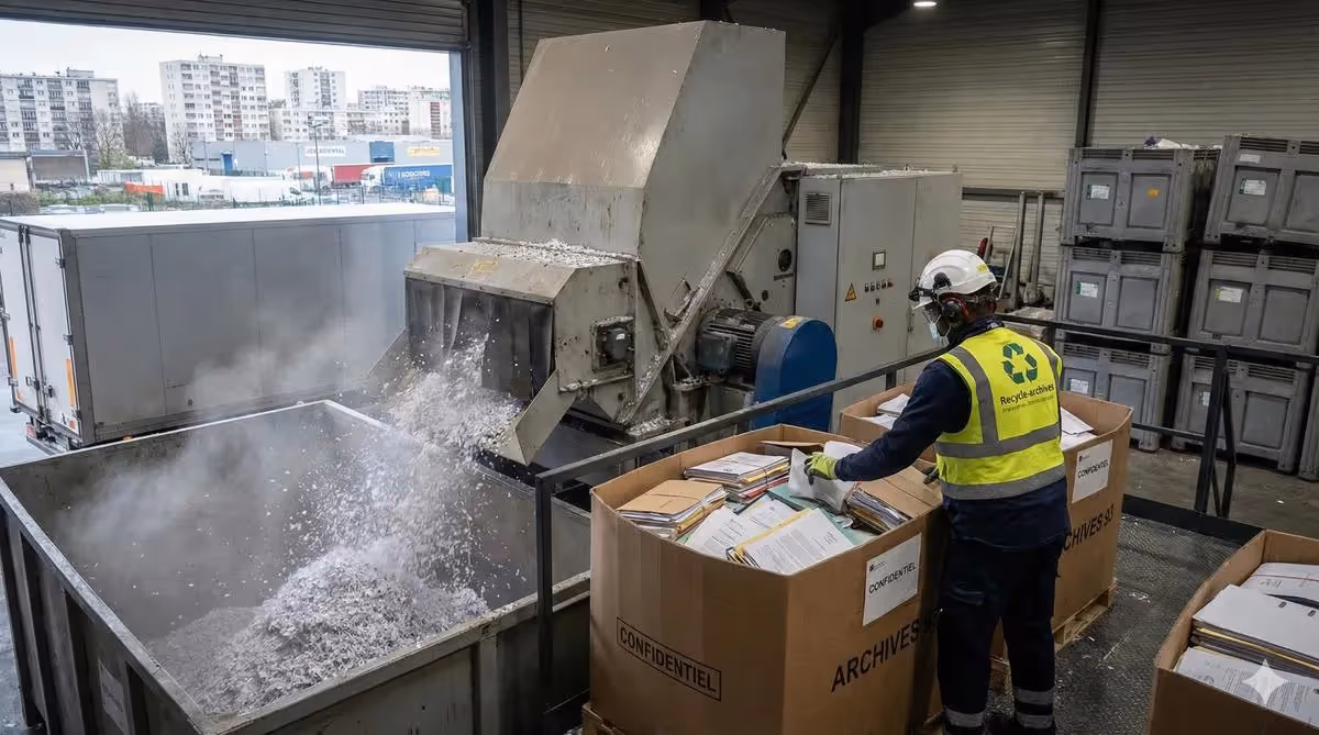 Destruction sécurisée d’archives papier dans un centre industriel en Seine-Saint-Denis (93), avec broyage de documents confidentiels par un opérateur équipé.