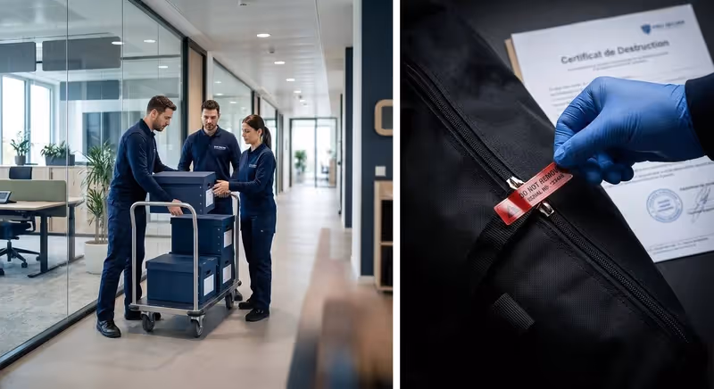 Équipe de trois opérateurs chargeant des boîtes d'archives sur un chariot, avec gros plan sur un sac scellé "Do Not Remove" et un certificat de destruction tamponné.