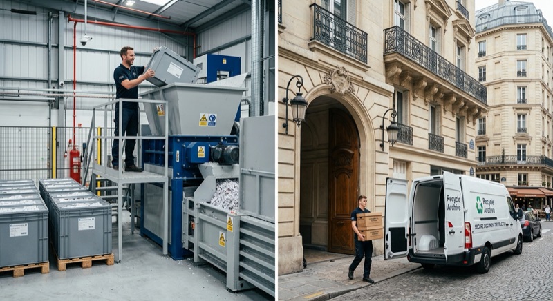 Collecte d'archives confidentielles devant un immeuble parisien par un technicien de Recycle Archive, illustrant le service de manutention en cave et grenier à Paris.