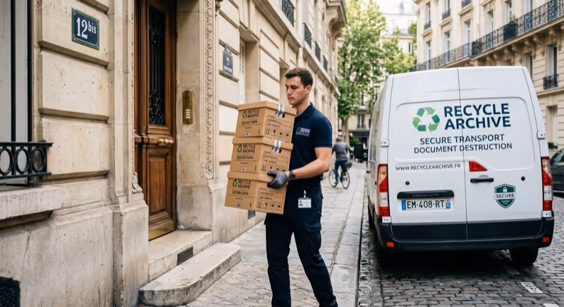 Collecte de cartons d'archives devant un immeuble parisien en pierre de taille, mettant en avant le service de manutention.