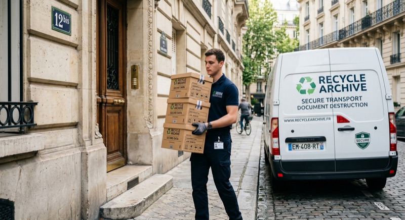 Collecte de cartons d'archives devant un immeuble parisien en pierre de taille, mettant en avant le service de manutention.