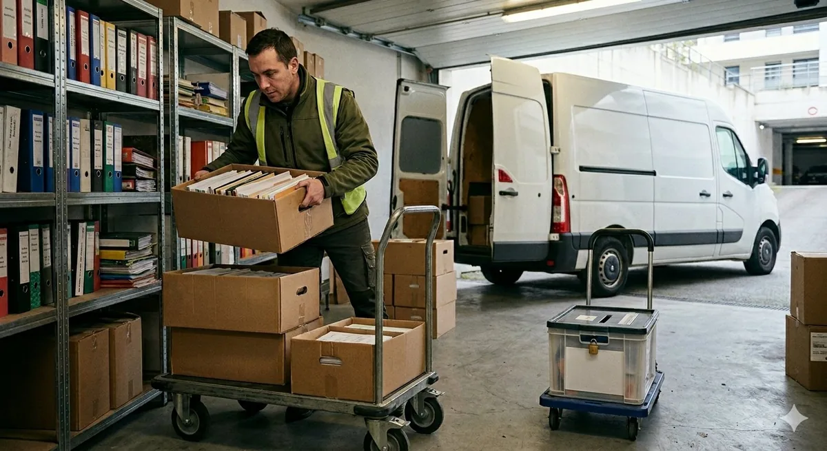Destruction d'archives sécurisée dans l'Essonne (91) par un agent logistique chargeant des boîtes de documents confidentiels sur un chariot avant collecte et destruction certifiée