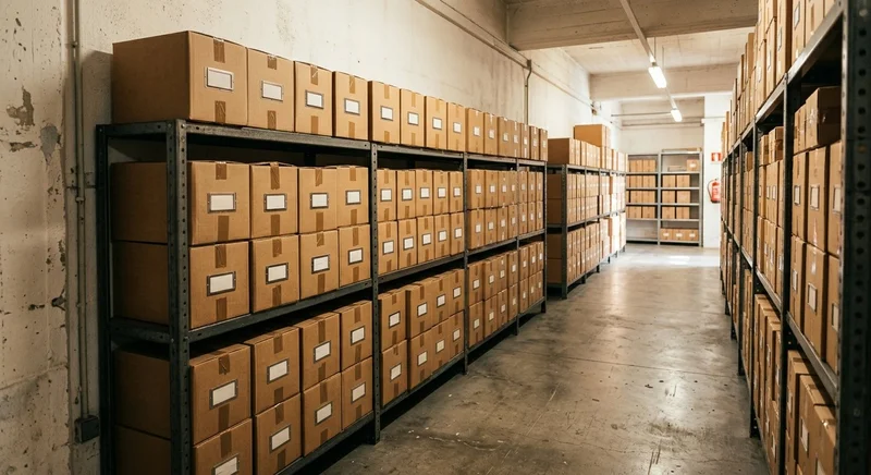 Allée de cartons d'archives étiquetés sur étagères métalliques dans un local de stockage