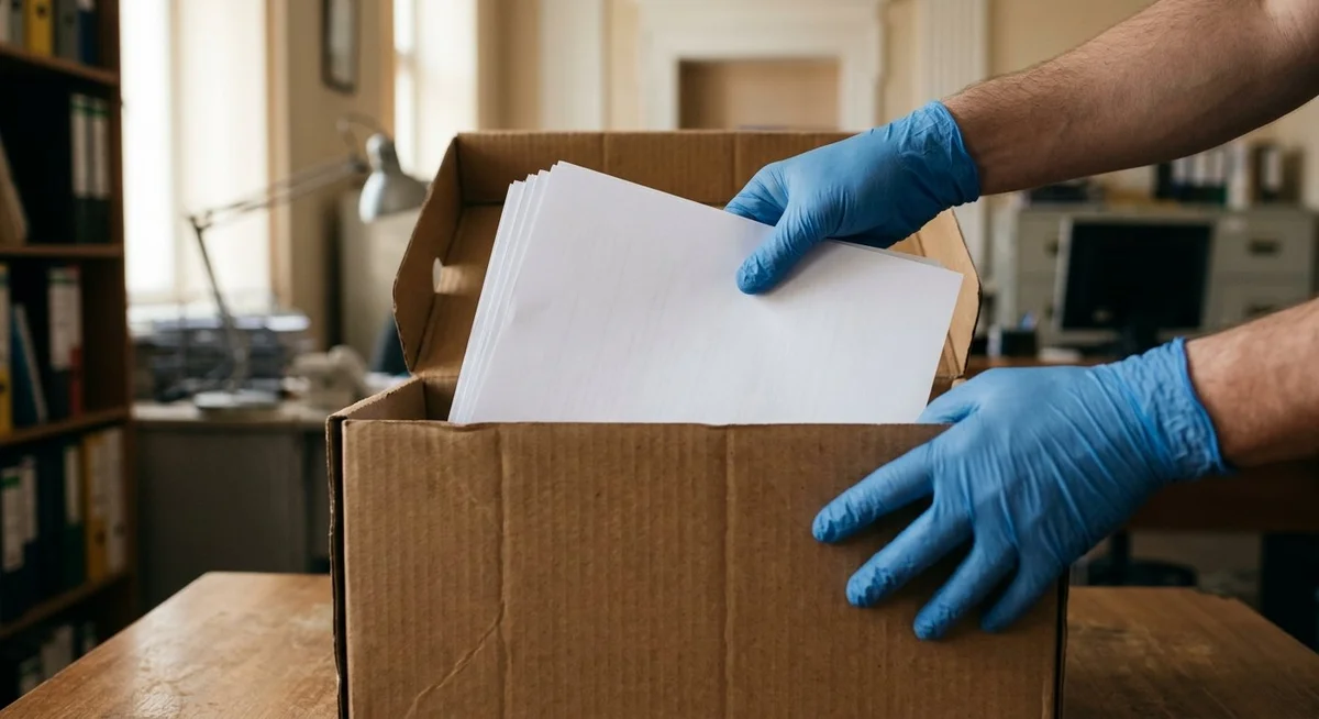 Mains gantées manipulant des documents papier dans un carton d'archives dans le Val d'Oise (95)
