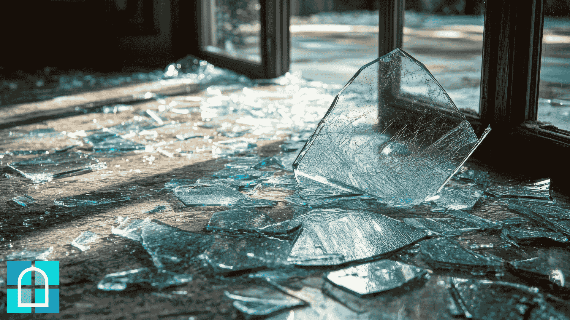 Shattered commercial window after break-in, requiring emergency glass repair