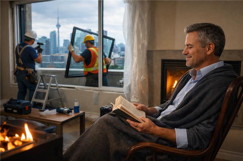 A man sitting comfortably in a chair, reading a book by the fireplace while two workers install a window in the background, with a city skyline visible outside the window