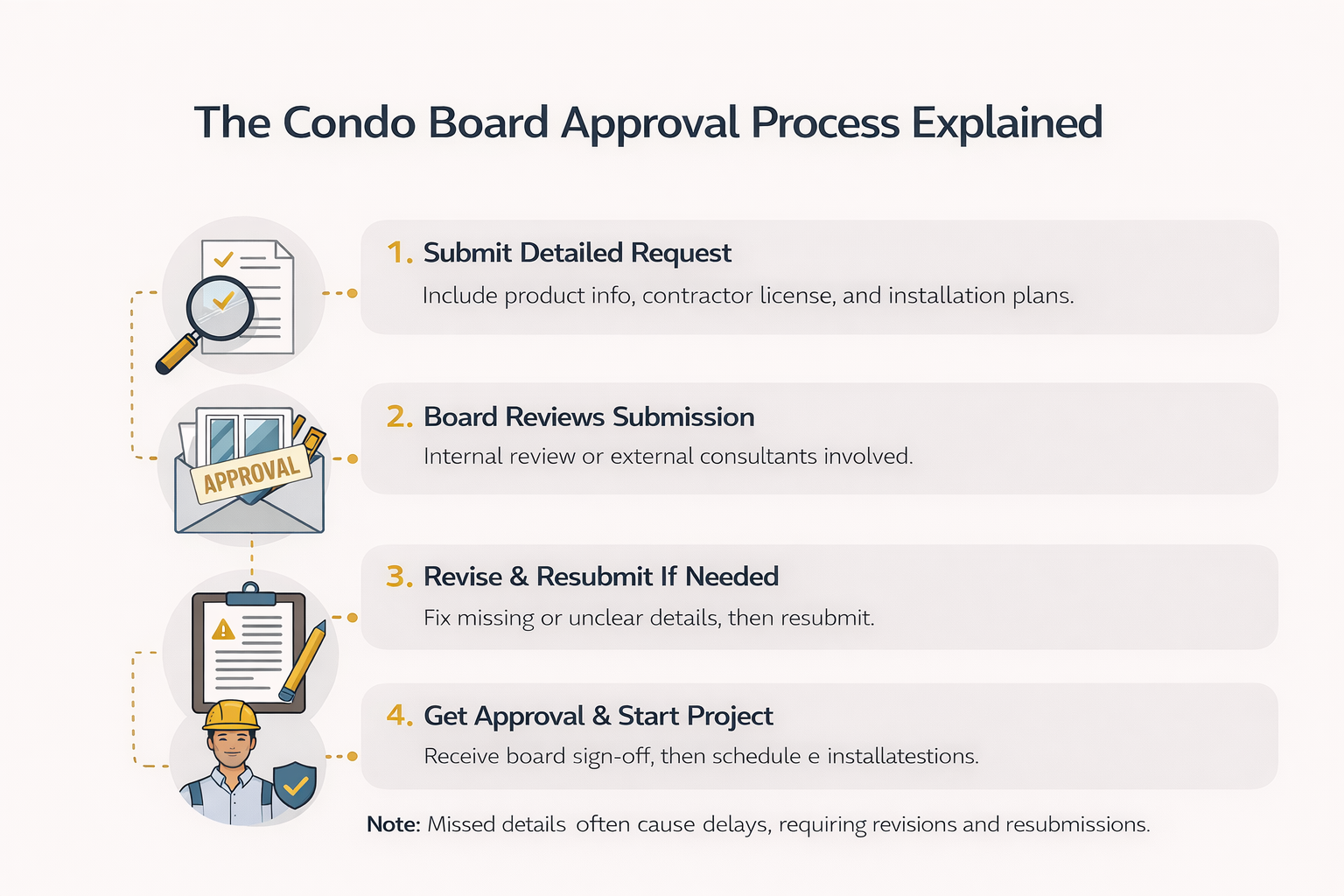 Infographic outlining the Condo Board Approval Process in four steps with related icons