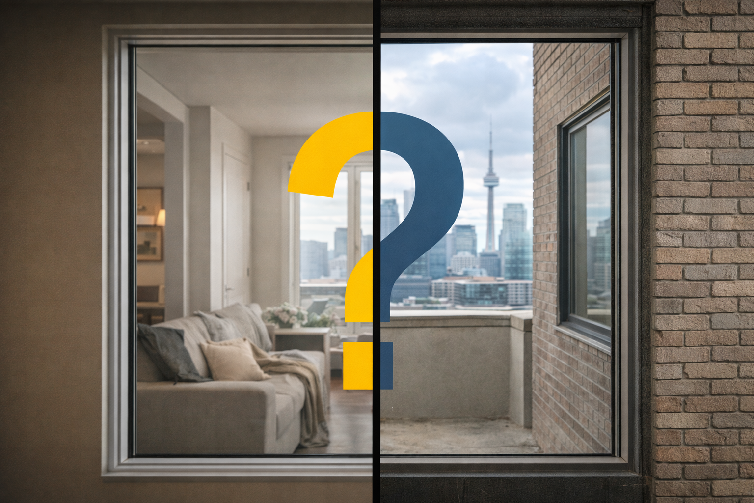 A split image showing two window views: on the left, a cozy interior with a sofa and plants; on the right, a balcony with a view of the city skyline, featuring the CN Tower. A large yellow question mark is placed in the middle, dividing the two views.