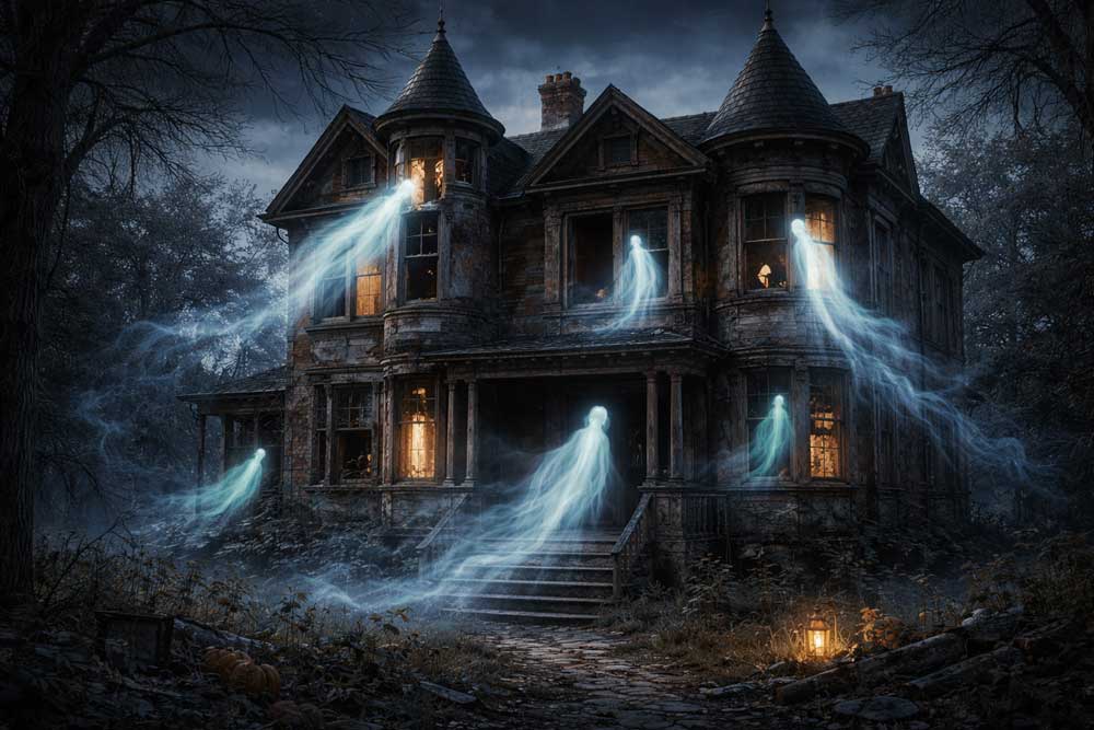 Some ghosts entering an old house with broken windows