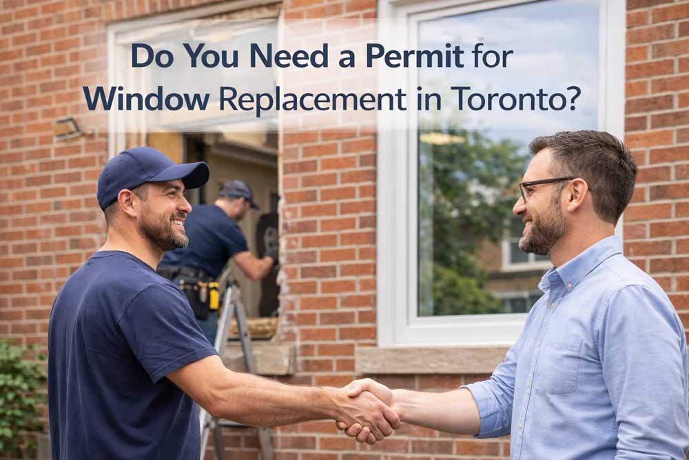 Two man shaking hands while a worker is working on a window