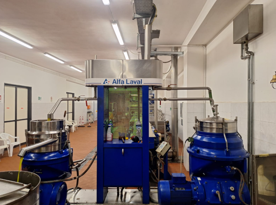 Due uomini sorridenti mentre svuotano un camion pieno di olive verdi e nere in un capannone.