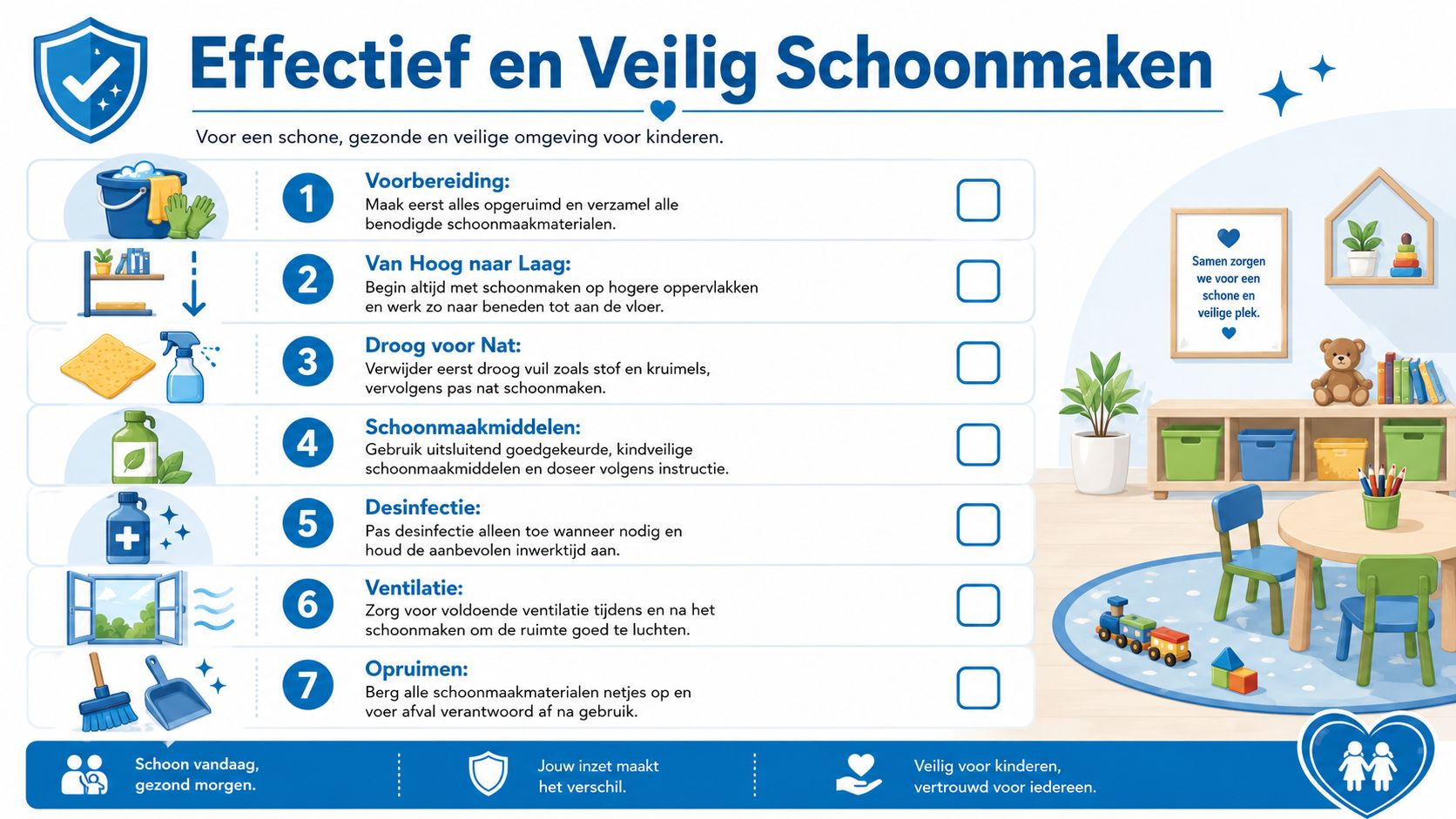 Een informatieve infographic met zeven stappen voor het effectief en veilig schoonmaken in een kinderopvangomgeving.