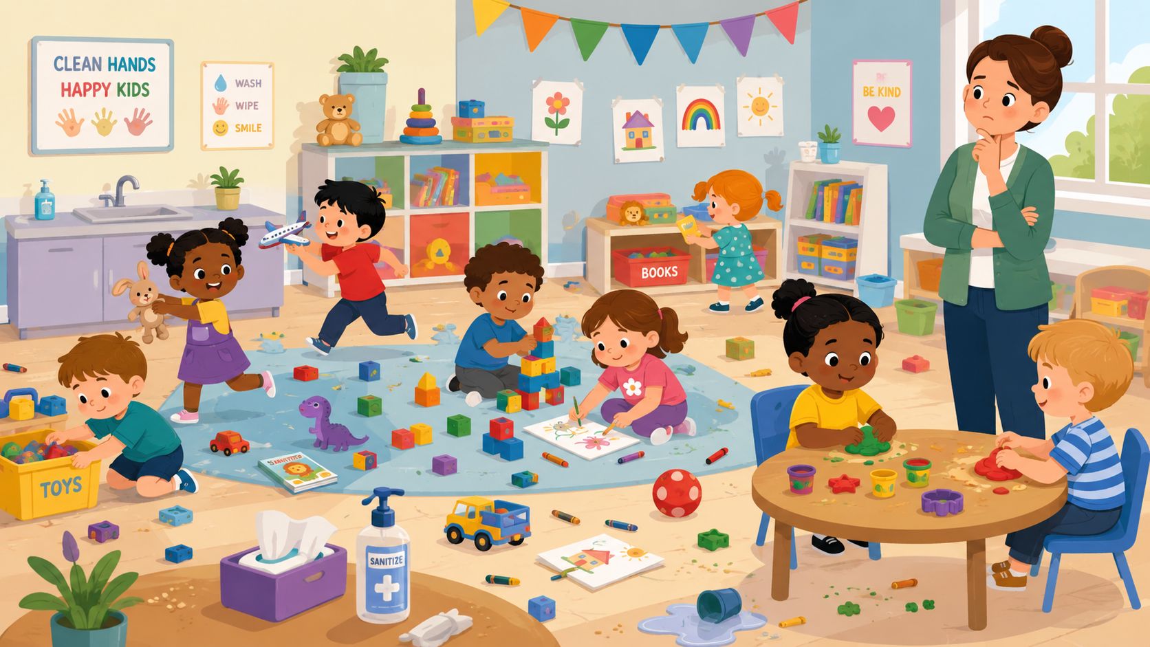 Een vrolijke klas met spelende kleuters in een rommelige kinderopvang onder toezicht van een juf.