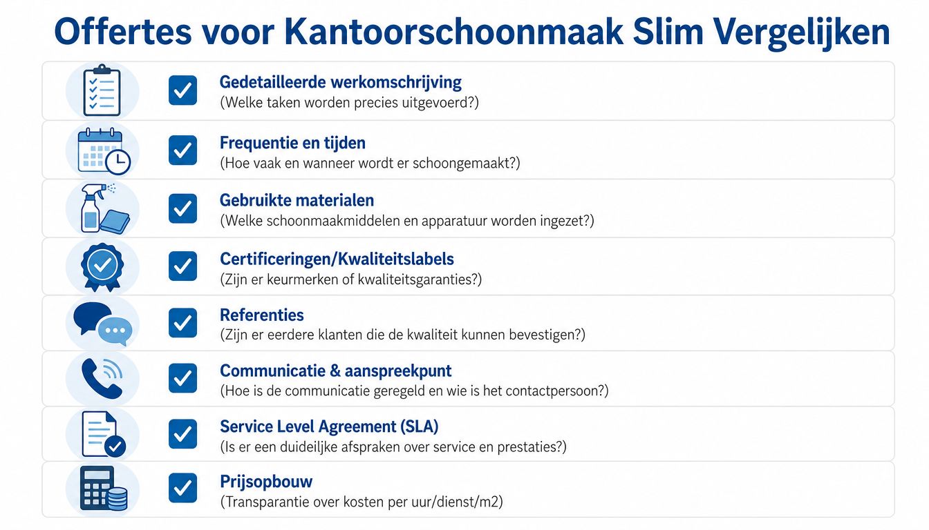 Een overzicht van belangrijke aandachtspunten bij het vergelijken van offertes voor professionele kantoorschoonmaakdiensten.