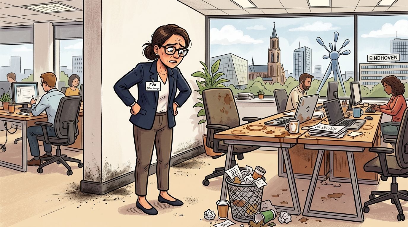 Een gefrustreerde kantoormanager kijkt naar een zeer vervuilde en rommelige kantoorruimte met vlekken op de bureaus.