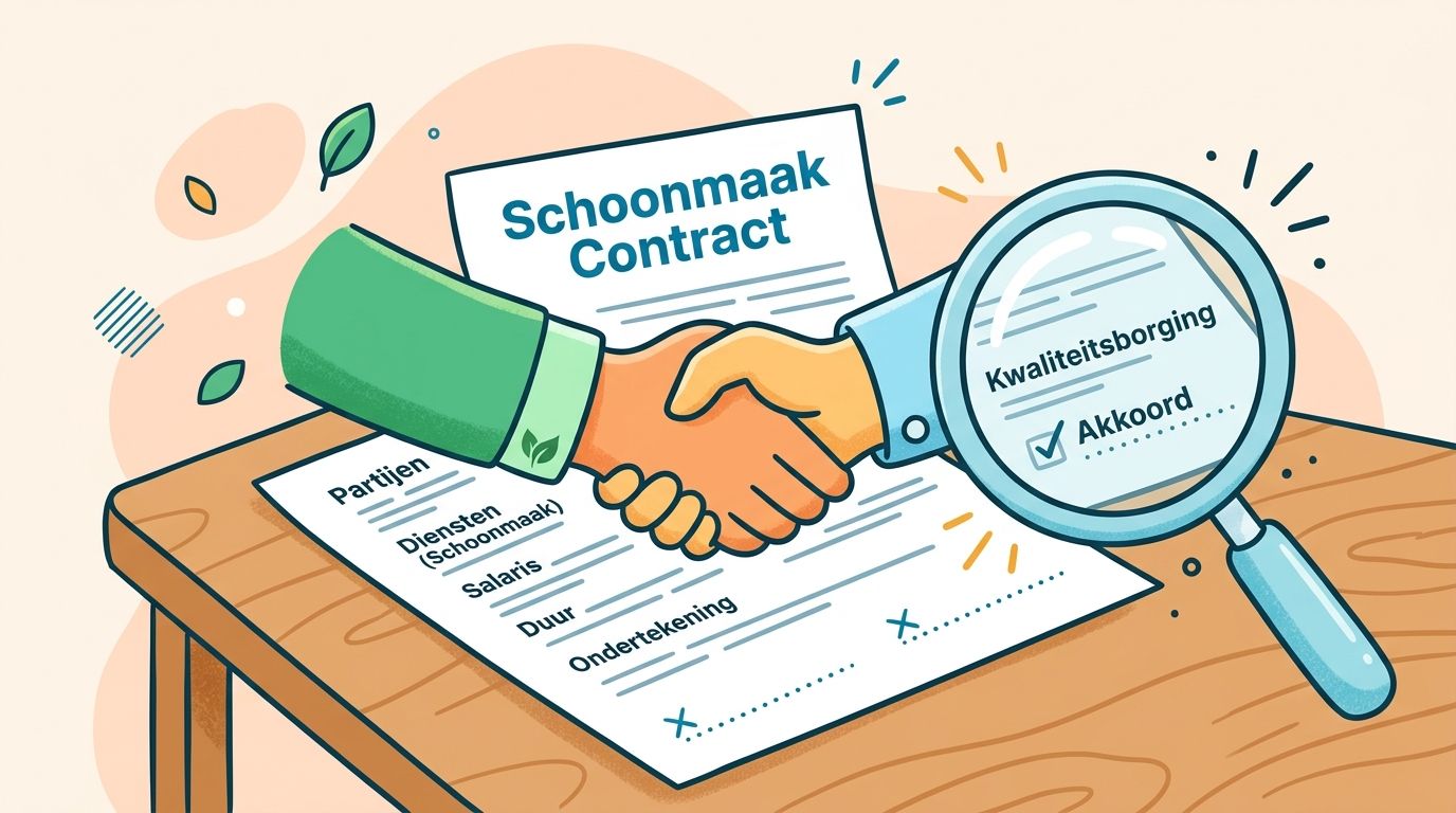 Een handen-schudden symbool over een schoonmaakcontract dat wordt onderzocht met een vergrootglas voor kwaliteitsborging.
