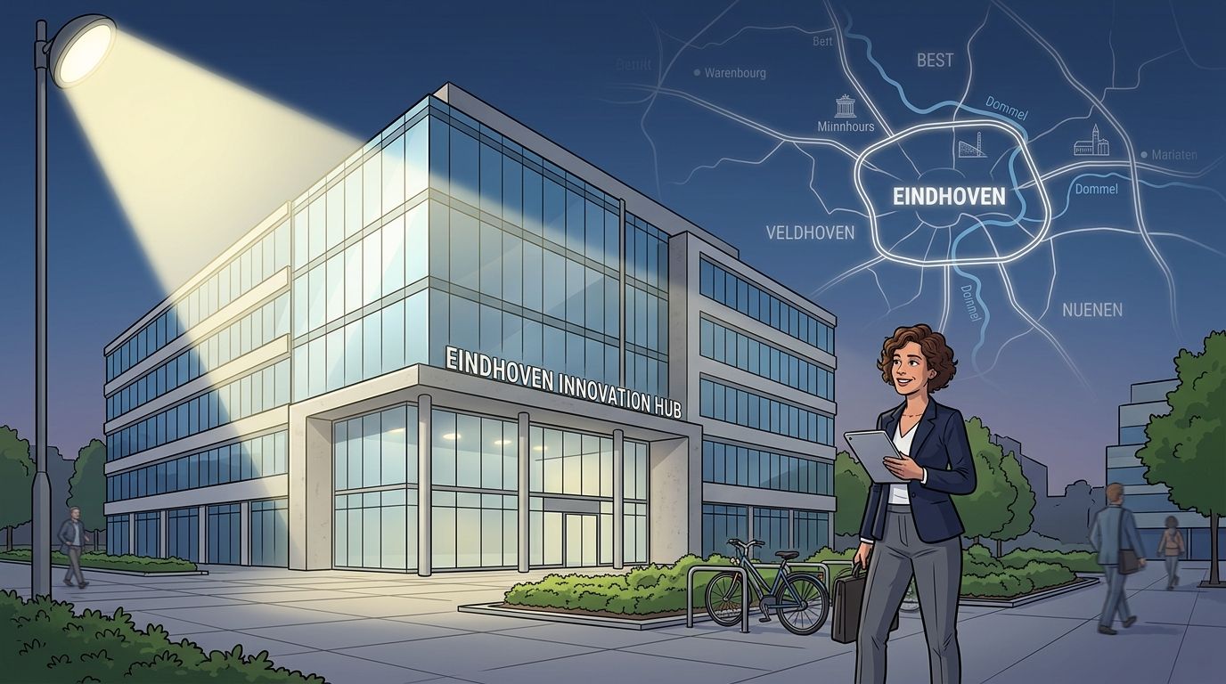 Een zakenvrouw voor het Eindhoven Innovation Hub gebouw met een stadskaart op de achtergrond tijdens de avond.